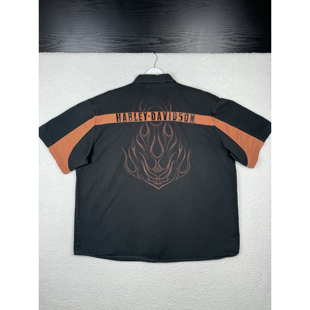 Vintage Harley Davidson 2XL Button Up Shirt Flames Logo Black Short Sleeve